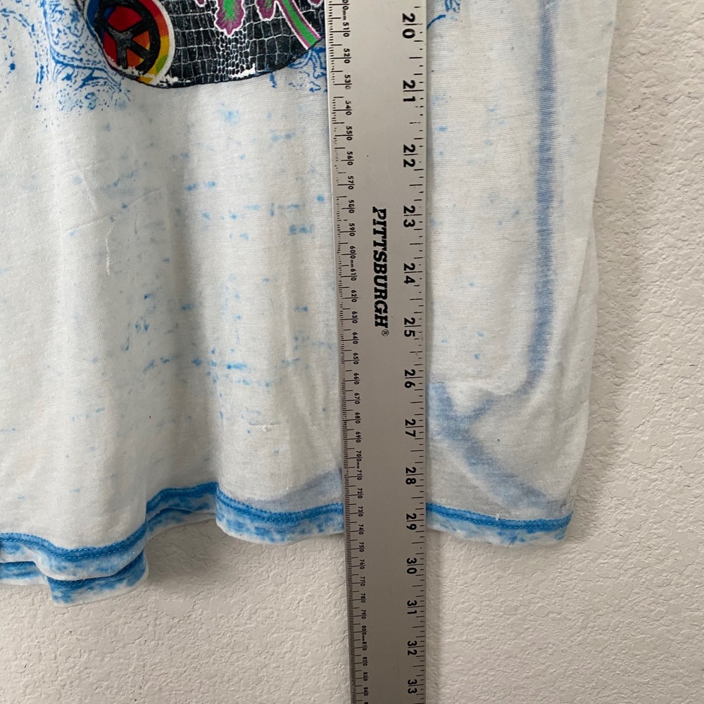 Peace Frogs Y2K Graphic Tee Womens XL White Blue Acid Wash Burnout V Neck Guitar - Picture 6 of 10